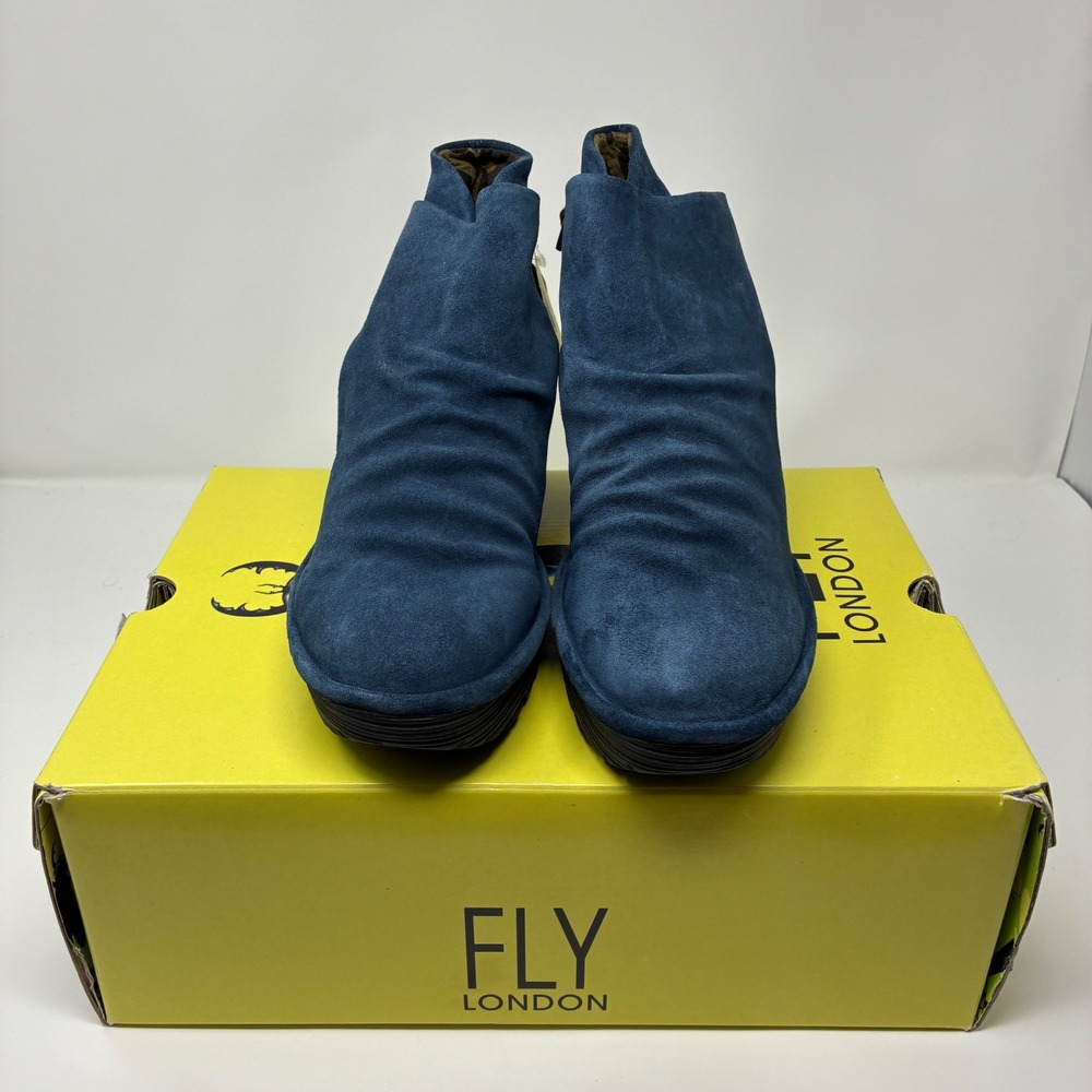 FLY LONDON Yebbi Ocean Blue Oil Suede Wedge Ankle Boots Women's 41 US 10-10.5